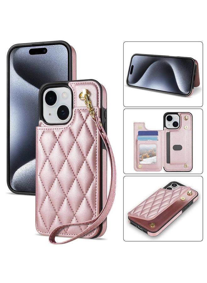 S-TOP Case For iPhone 15 Plus Rhombic Dual Buckle Card Slots Phone Case with Lanyard - Image 1