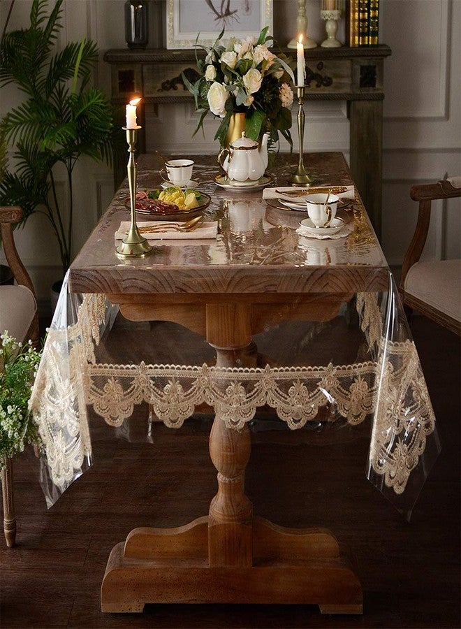 ARTABLE Vinyl PVC Rectangle Tablecloth Waterproof Clear Table Cover with Lace Macrame Border for Christmas Kitchen Home Outdoor Indoor Holidays Party Decor (Champagne, 52 x 70 Inch) - Image 2