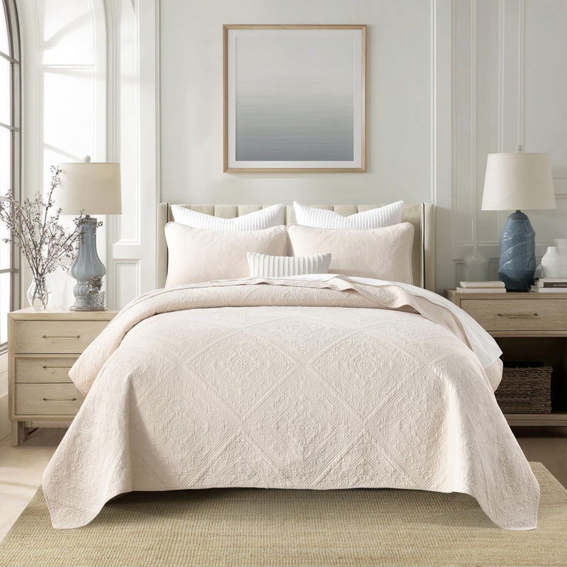 AJOCCI Beige Beddingï¼ŒCotton King Size Comforter Setï¼ŒGeometric Matelasse Quilt Setï¼ŒSoft Cotton Quilt Solid Color Lightweight Bedspread All Seasons 3 Piece - Image 1