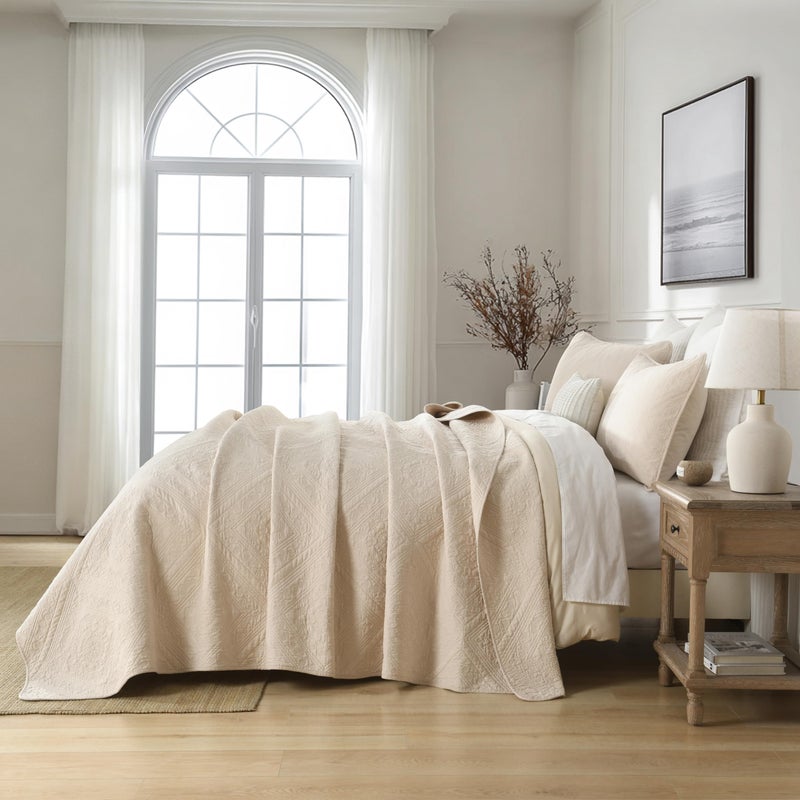AJOCCI Beige Beddingï¼ŒCotton King Size Comforter Setï¼ŒGeometric Matelasse Quilt Setï¼ŒSoft Cotton Quilt Solid Color Lightweight Bedspread All Seasons 3 Piece - Image 3