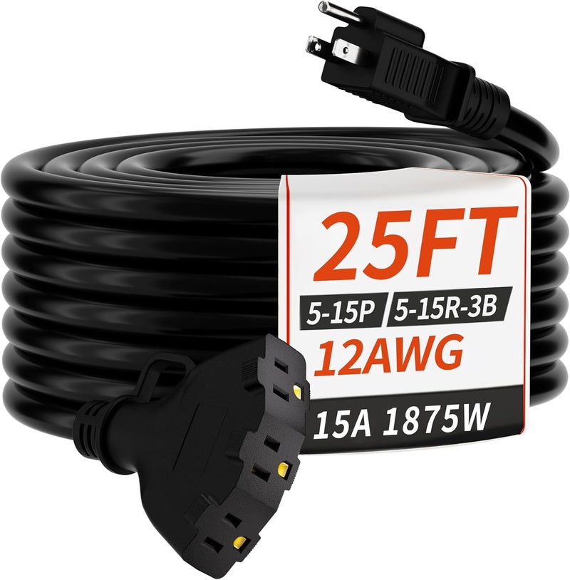 PlugSaf 25 FT 12 Gauge Outdoor Extension Cord with Multiple Outlets, Flexible 3 Outlet Weatherproof Heavy Duty Extension Cord Waterproof Black, 15A 1875W 12AWG SJTW, ETL Listed - Image 1