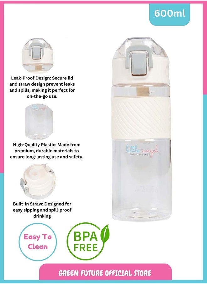 Little Angel Kids Water Bottle, High Quality 600ml - Leak-Proof with Flip-Top Lid, Portable and Durable Plastic Design for School, Sports, Indoor & Outdoor - White  - Image 2