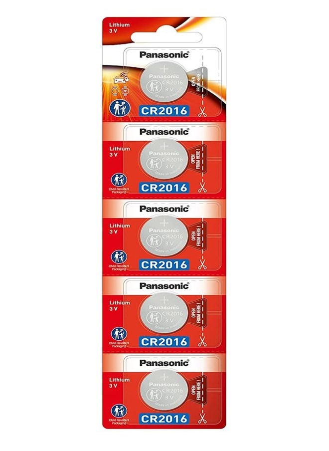 Panasonic 5-Piece CR2016 Lithium Batteries Set Silver  - Image 1
