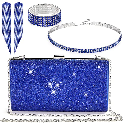 Jadive 4 Pcs Sapphire Blue Clutch Purse for Women Evening Bag Formal Rhinestone Clutch Bracelet Choker for Wedding Party Gift - Image 1