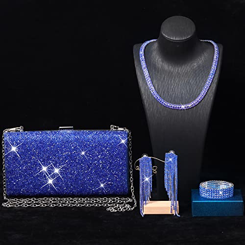 Jadive 4 Pcs Sapphire Blue Clutch Purse for Women Evening Bag Formal Rhinestone Clutch Bracelet Choker for Wedding Party Gift - Image 2
