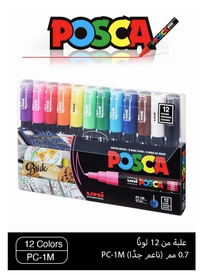 POSCA 12 Posca Paint Markers, 1M Markers with Extra Fine Tips, Posca Marker Set of Acrylic Paint Pens | for Art Supplies, Fabric Paint, Markers for Art  - Image 1