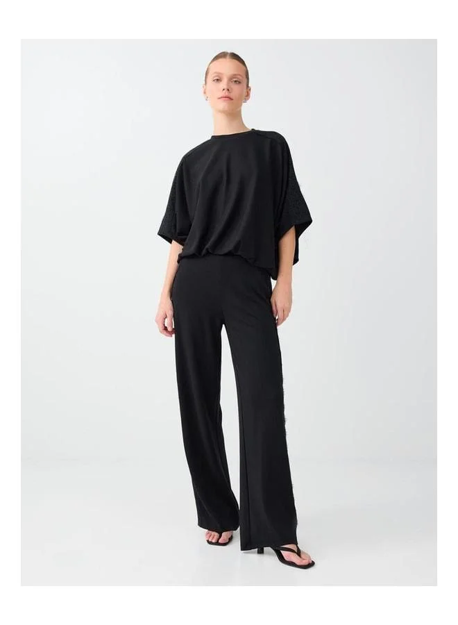 Jimmy Key Black Low-Shoulder Boat Neck Elastic Waist Blouse.