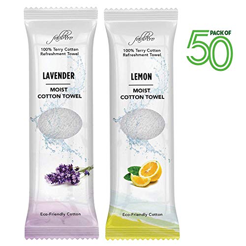 FabbPro Oshibori Moist Terry Cotton Refreshment Towels (50 Pack, 8 x 8 Inches) - White Mildly Scented Pre-moistened Towel to Use Hot or Cold - Lemon & Lavender Scent Bundle of 25 each - Image 2