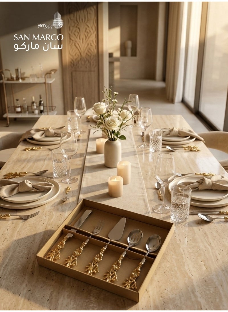 San Marco Golden Botanical Handle Serving Cutlery Set - 5 Pieces - Image 3