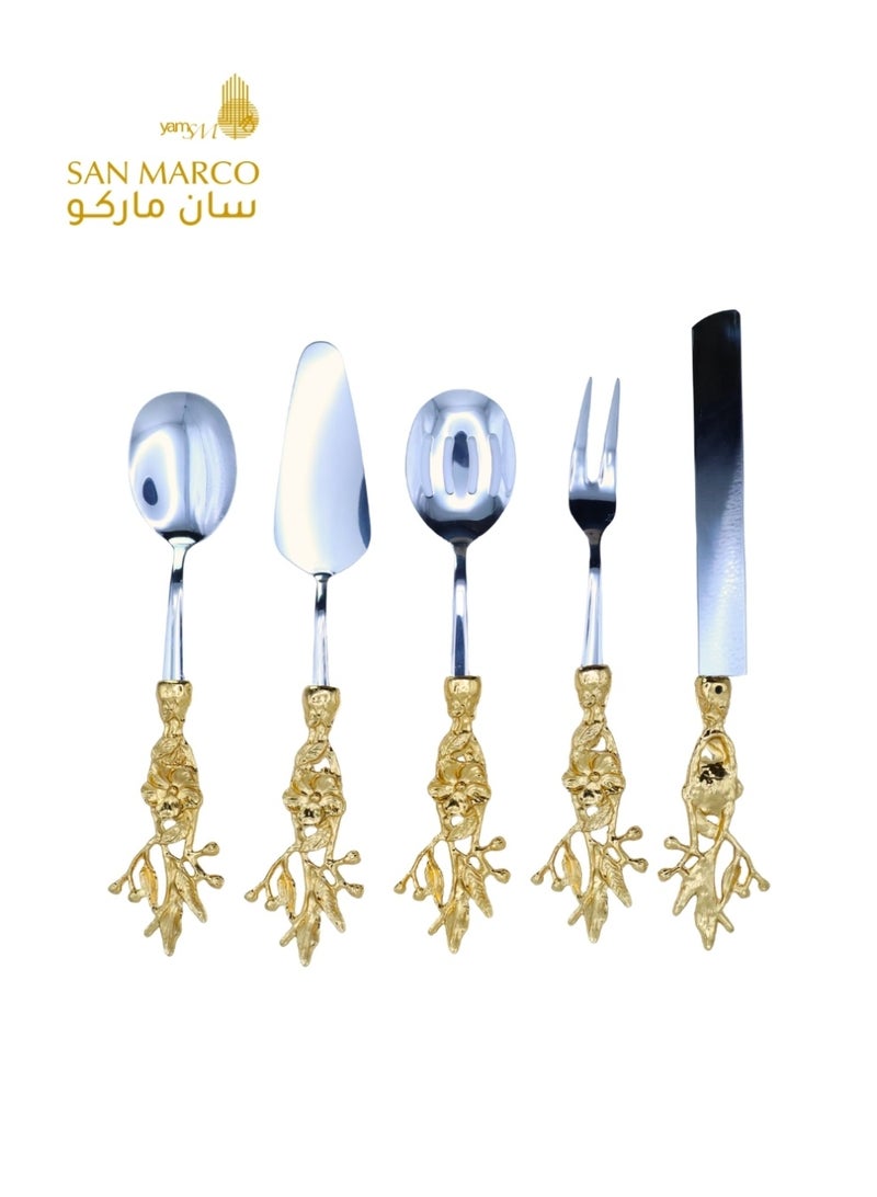 San Marco Golden Botanical Handle Serving Cutlery Set - 5 Pieces - Image 2