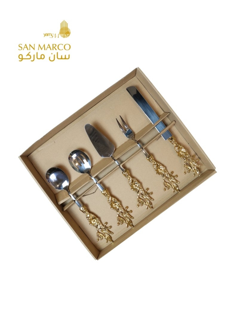 San Marco Golden Botanical Handle Serving Cutlery Set - 5 Pieces - Image 1
