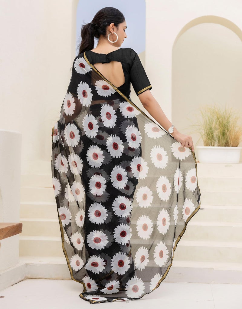 SIRIL Women's Chiffon Printed Saree with Unstitched Blouse Piece (4473S231_Black & White) - Image 4