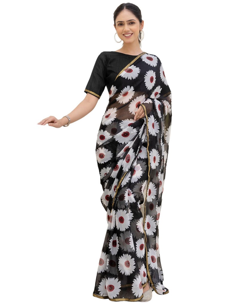 SIRIL Women's Chiffon Printed Saree with Unstitched Blouse Piece (4473S231_Black & White) - Image 1