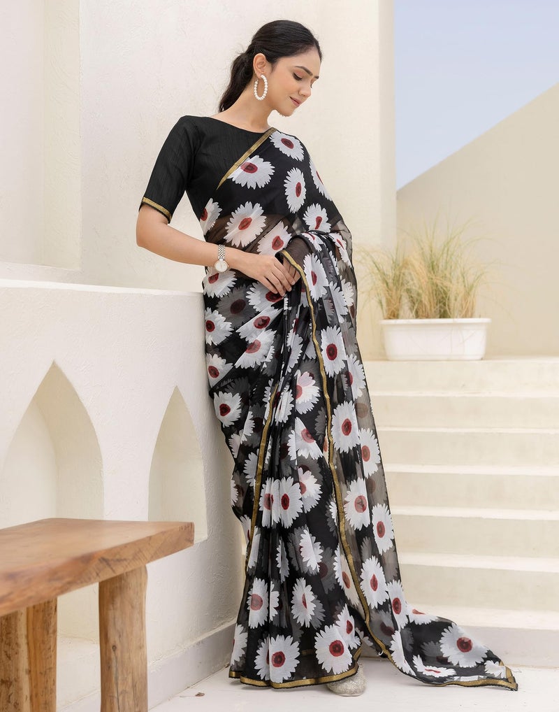 SIRIL Women's Chiffon Printed Saree with Unstitched Blouse Piece (4473S231_Black & White) - Image 5