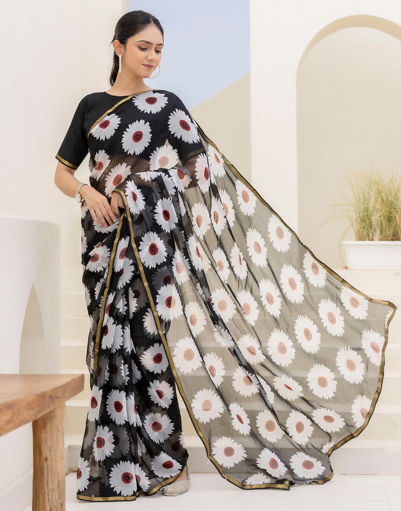 SIRIL Women's Chiffon Printed Saree with Unstitched Blouse Piece (4473S231_Black & White) - Image 3