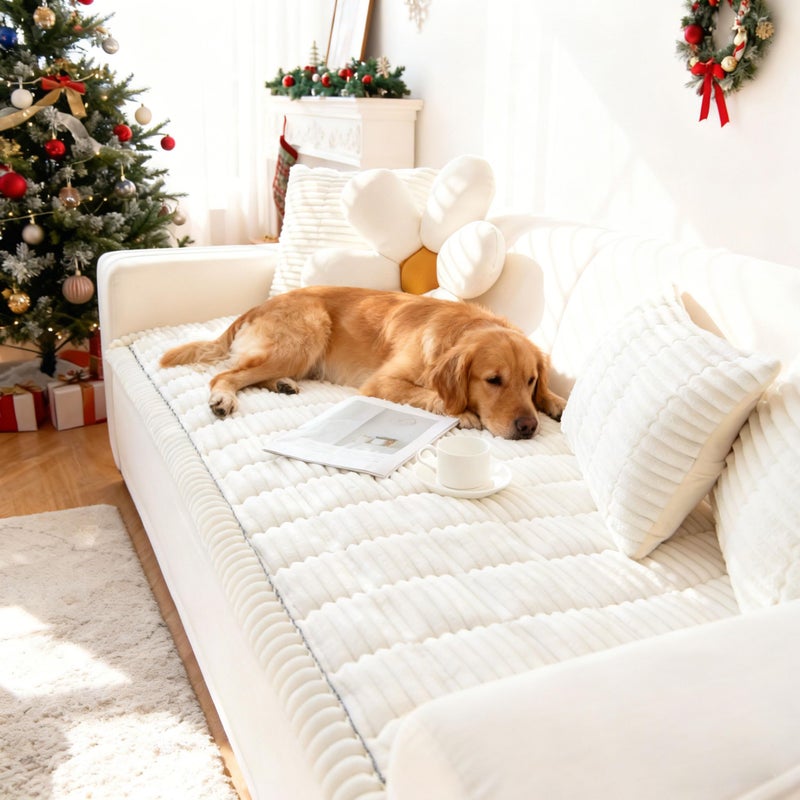 OTOB Couch Cover for Dogs Washable Non Slip Plush Sofa Covers for 3 Cushion Couch Fuzzy Pet Friendly Mat Bed Furniture Protector Sofa Slipcover All Seasons Cream 276 x 709