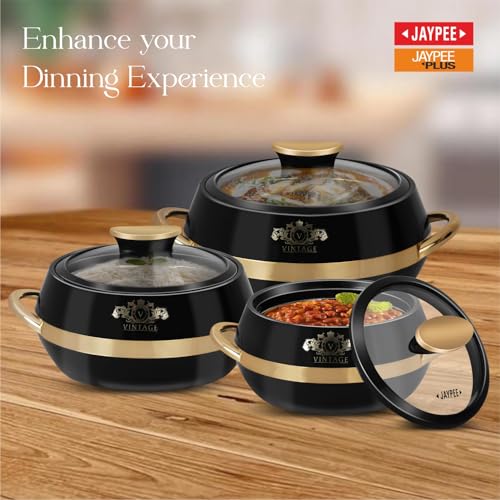 JAYPEE Vintage Inner Stainless Steel Casserole Set of 3 with Lockable Lid |1000+1500+2000 ml |BPA Free Insulated Casserole Set |Food Grade Serving Set |Ideal for Chapati,Warm & Fresh Food,Black - Image 4