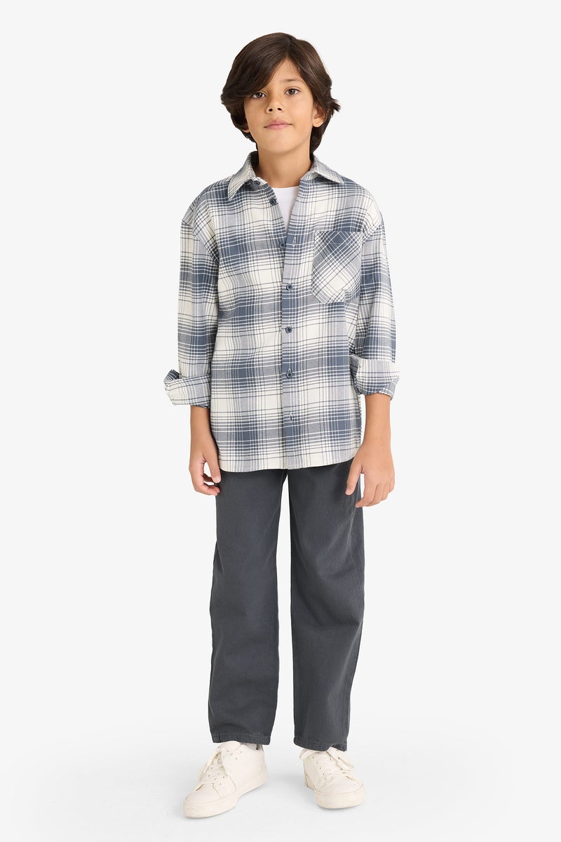 ديفاكتو قميص كاروهات اولادي كم طويل فلانيل اوفر سايز بياقة بولو - Image 2