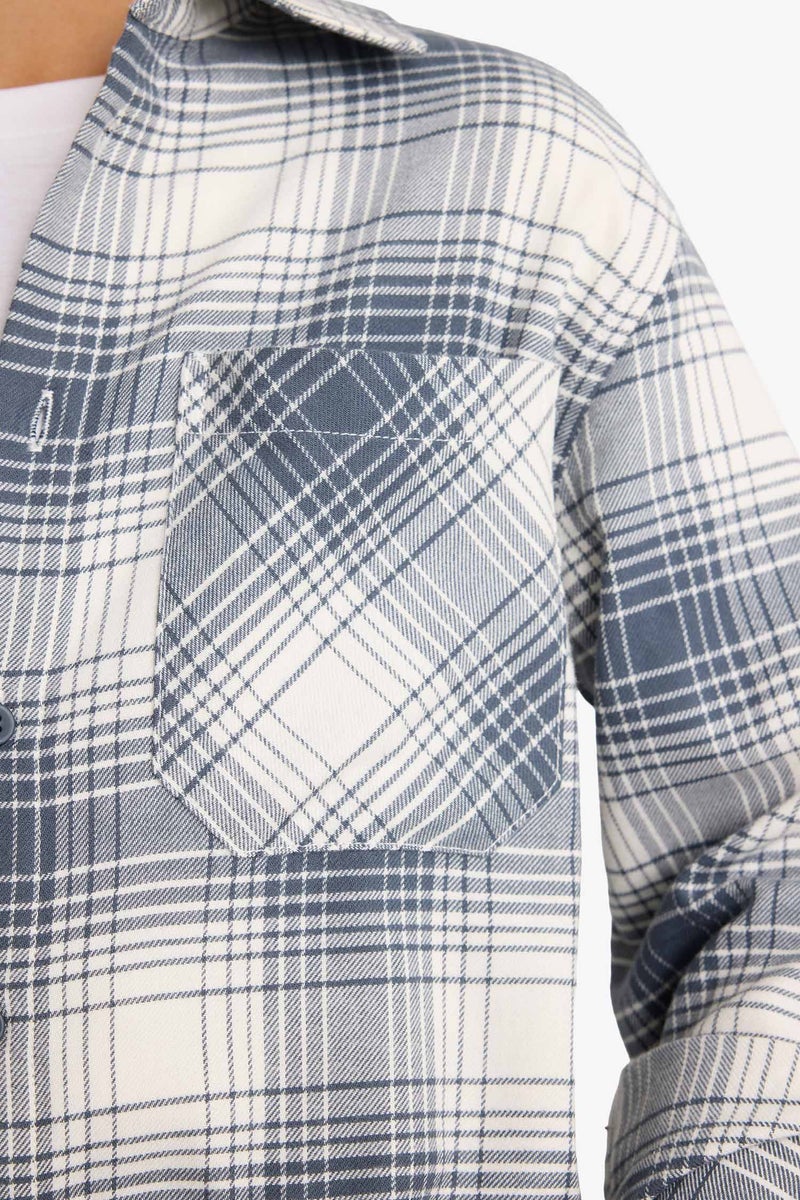 ديفاكتو قميص كاروهات اولادي كم طويل فلانيل اوفر سايز بياقة بولو - Image 5