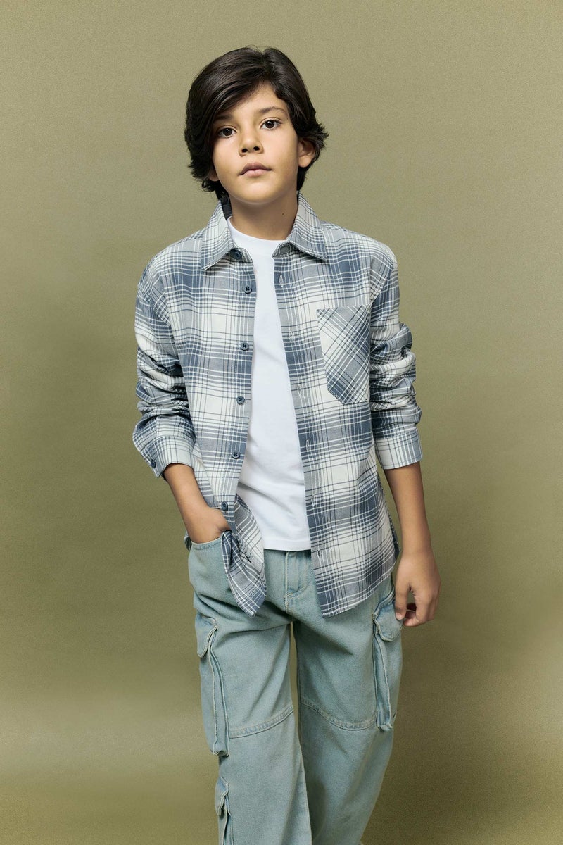 ديفاكتو قميص كاروهات اولادي كم طويل فلانيل اوفر سايز بياقة بولو - Image 1