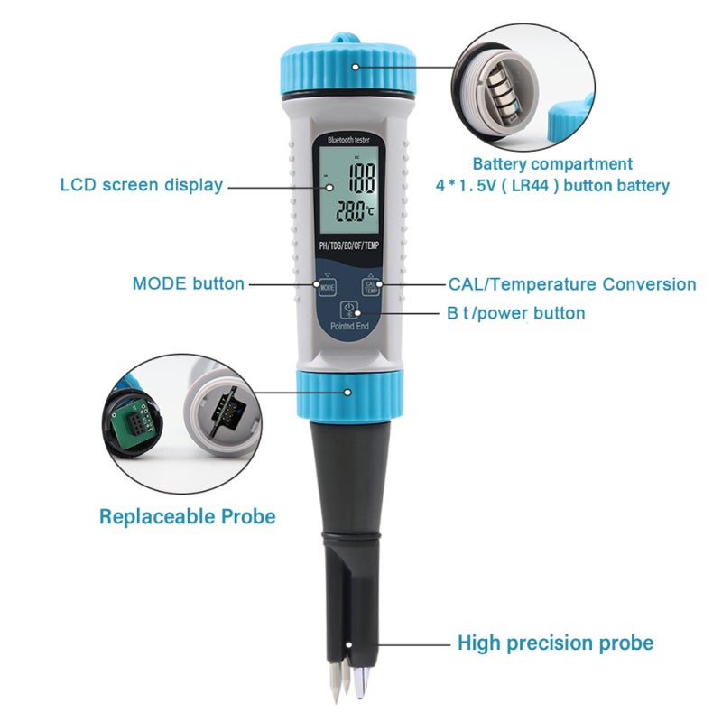 Water Quality Tester 5-In-1 Large Screen Portable Water Quality Test Pen - Replaceable Electrode Heads Long Battery Life Water Quality Test Pen for Drinking Water Soil Dough Milk Skincare Products - Image 3