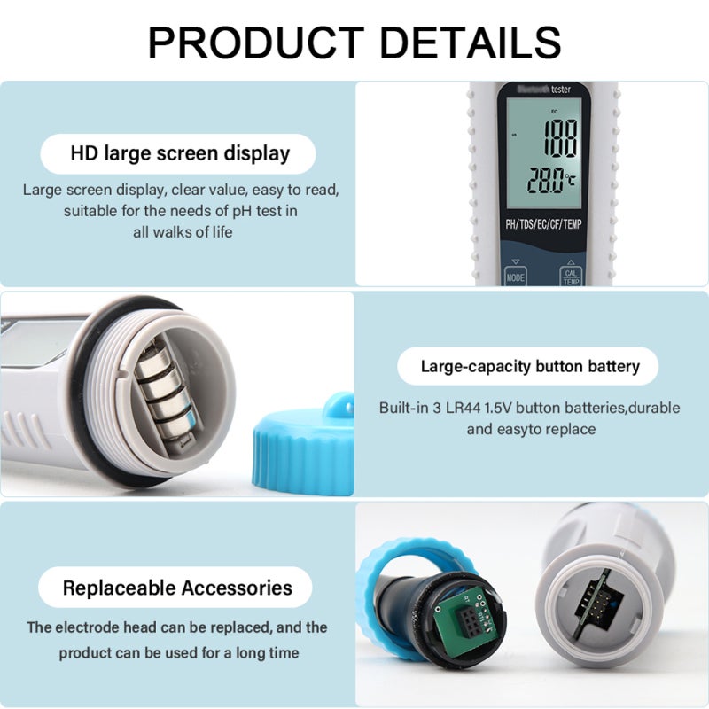 Water Quality Tester 5-In-1 Large Screen Portable Water Quality Test Pen - Replaceable Electrode Heads Long Battery Life Water Quality Test Pen for Drinking Water Soil Dough Milk Skincare Products - Image 4
