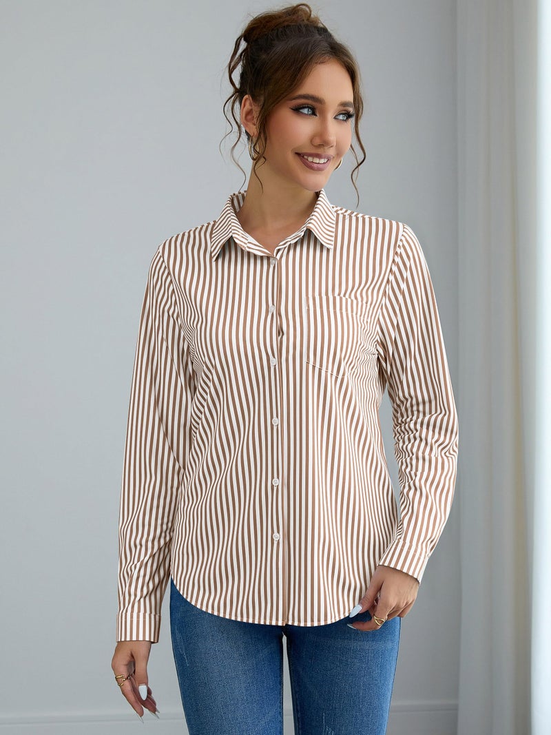 COUXILY Striped Button Down Shirts for Women Dress Long Sleeve Collared Office Work Shirt with Pocket Business Casual Outfits Blouse Tops Up Blouses Oversized & Button-Down Dressy White and Brown S05 S - Image 3