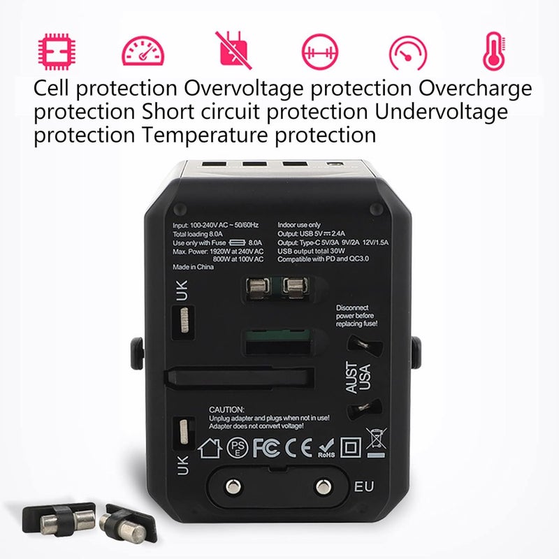 klarako Travel Plug Adapter, Portable Flame Retardant PC 6A Total Output Universal Travel Adapter USB C Multi Outlets 100‑240VAC for Tablets Computers (Black) - Image 2