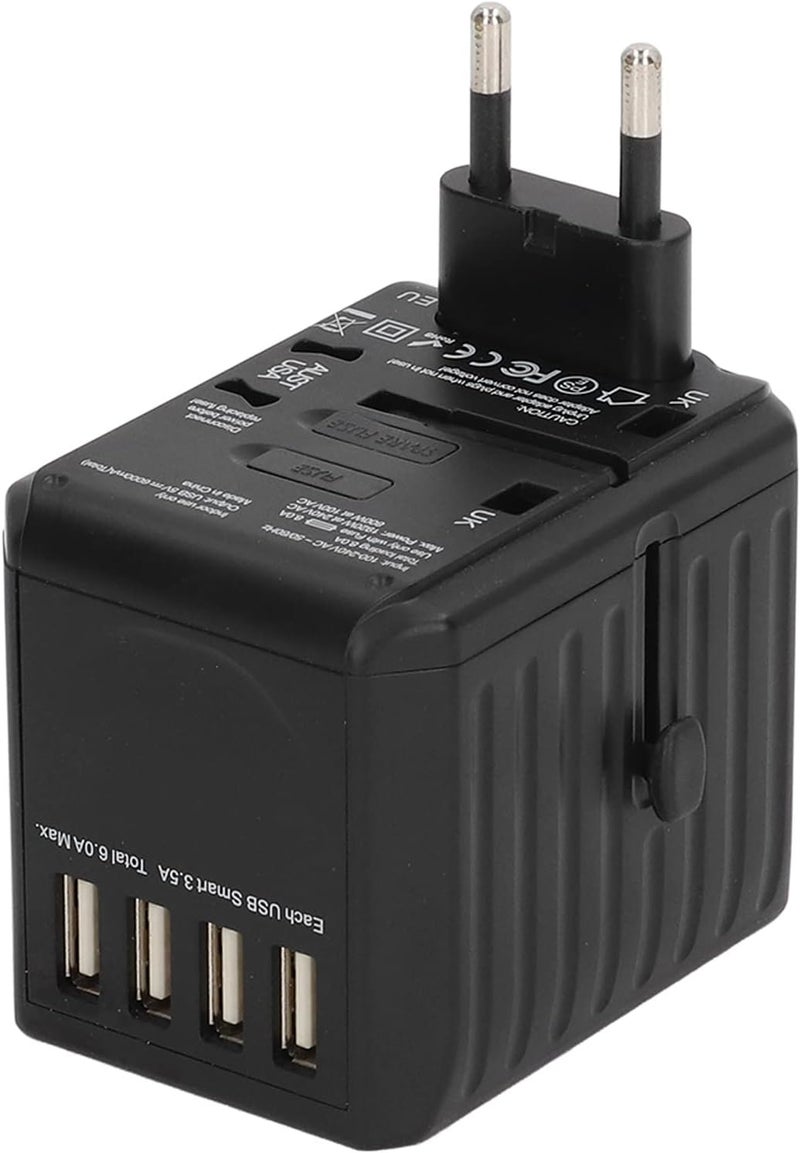 klarako Travel Plug Adapter, Portable Flame Retardant PC 6A Total Output Universal Travel Adapter USB C Multi Outlets 100‑240VAC for Tablets Computers (Black) - Image 1
