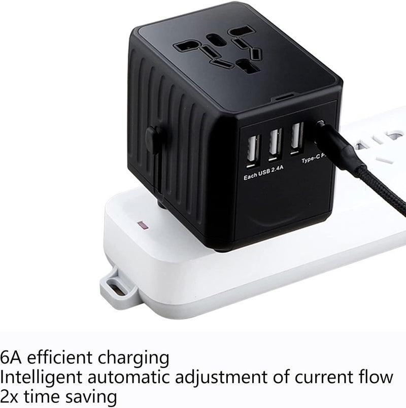 klarako Travel Plug Adapter, Portable Flame Retardant PC 6A Total Output Universal Travel Adapter USB C Multi Outlets 100‑240VAC for Tablets Computers (Black) - Image 4