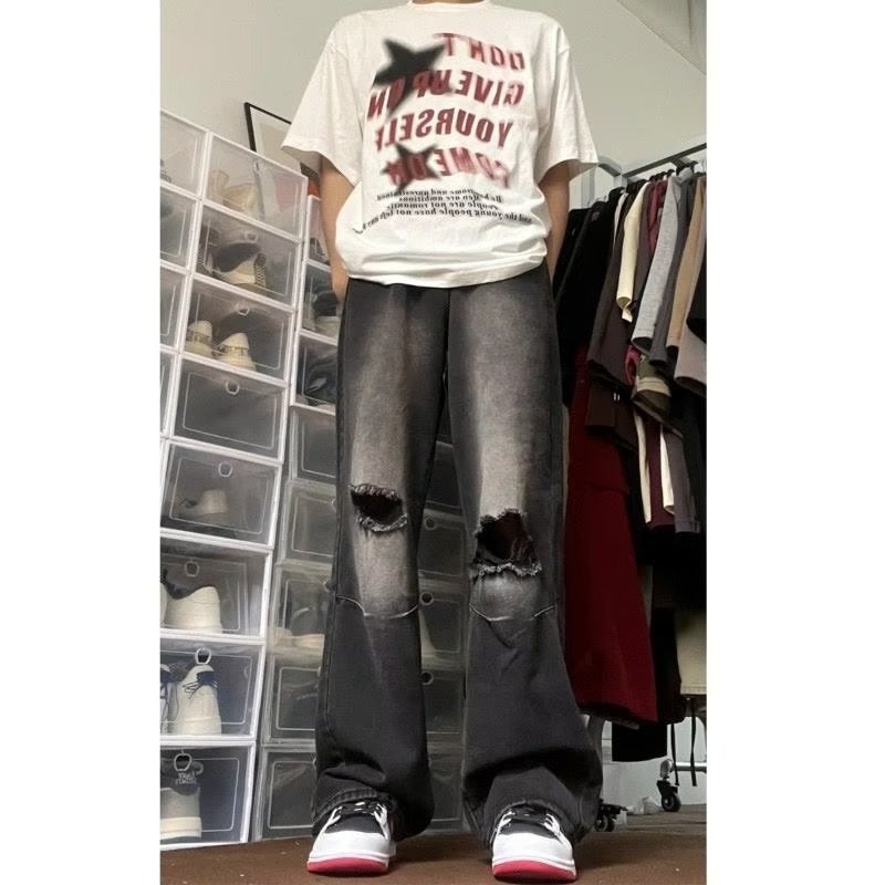 American Retro Distressed Ripped Black Blue Jeans High Street Loose Draping High Quality Straight Pants Long Pants - Image 1
