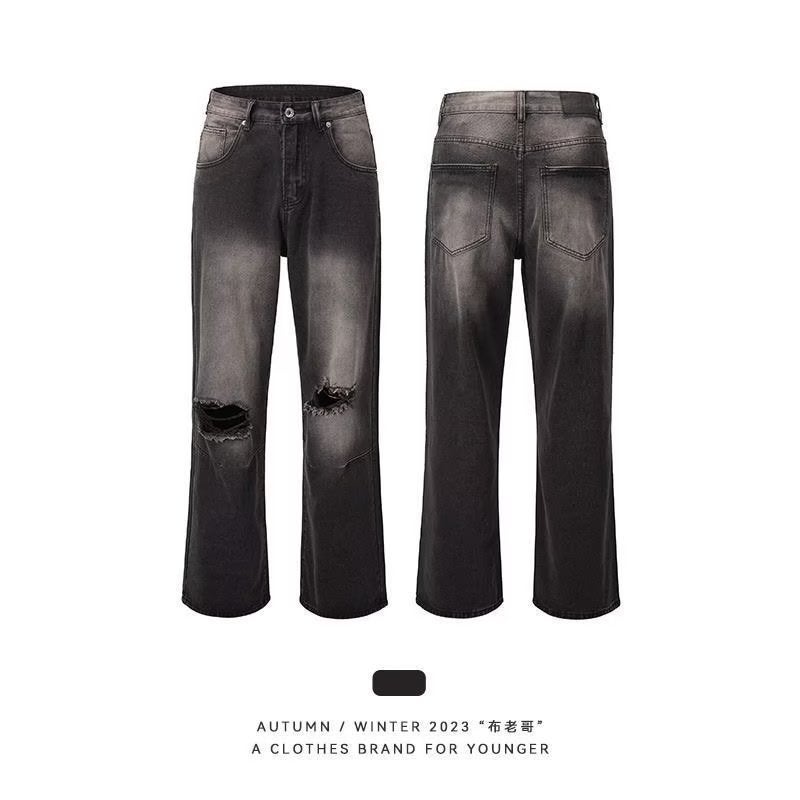 American Retro Distressed Ripped Black Blue Jeans High Street Loose Draping High Quality Straight Pants Long Pants - Image 5