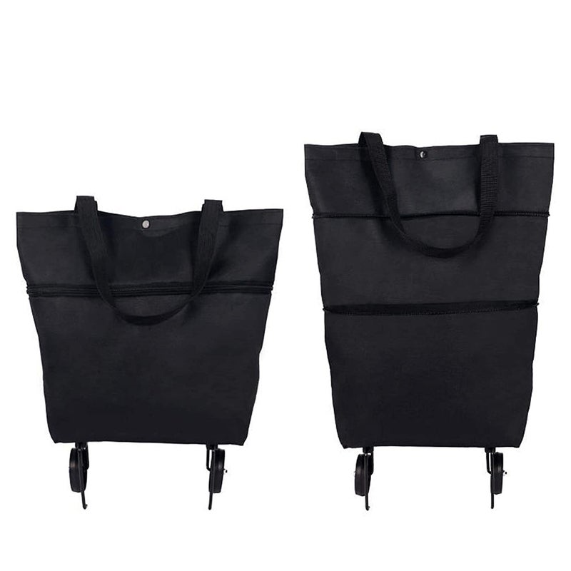 Vensivy Trolley Folding Shopping Bag Collapsible TwoStage Zipper Folding Shopping Bags 2 In 1 Foldable Shopping Portable Cart With Wheels Lightweight Storage Bag for Shopping Fruits Vegetables Black 