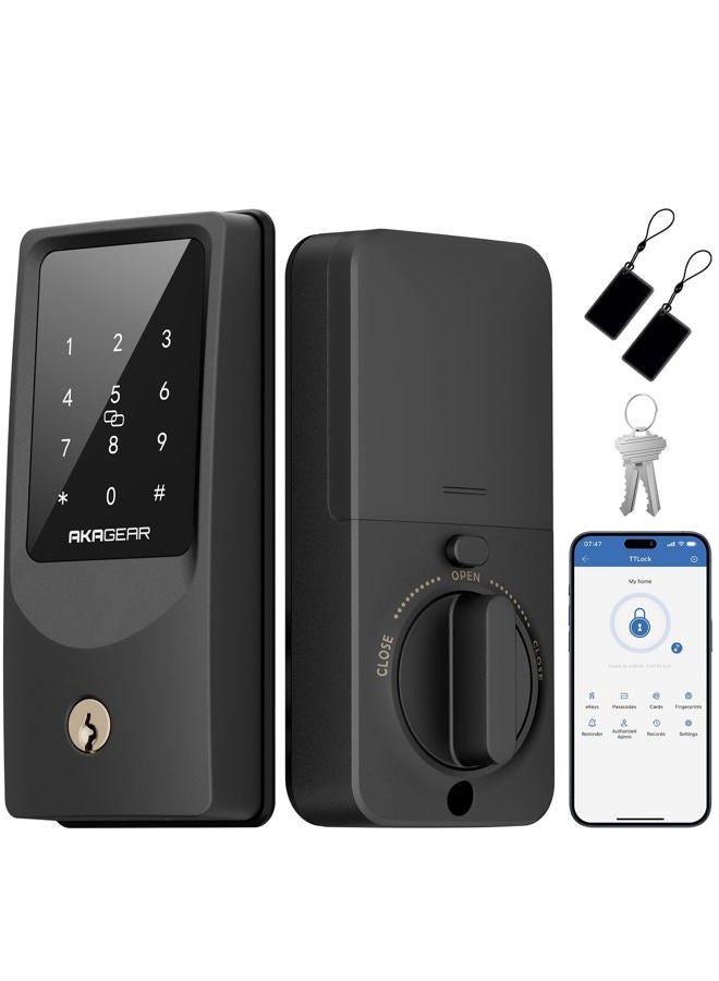 AKAGEAR T02 Mini Keyless Entry Door Lock, Built-in Wi-Fi, App Control, Smart Lock for Front Door, Keypad Deadbolt, Auto Locking, Keys, Fob Card, PIN Code Unlock, 8xAA Batteries, IP55 Waterproof - Image 1