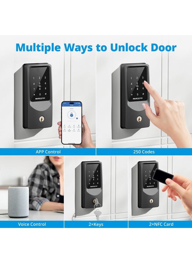 AKAGEAR T02 Mini Keyless Entry Door Lock, Built-in Wi-Fi, App Control, Smart Lock for Front Door, Keypad Deadbolt, Auto Locking, Keys, Fob Card, PIN Code Unlock, 8xAA Batteries, IP55 Waterproof - Image 2