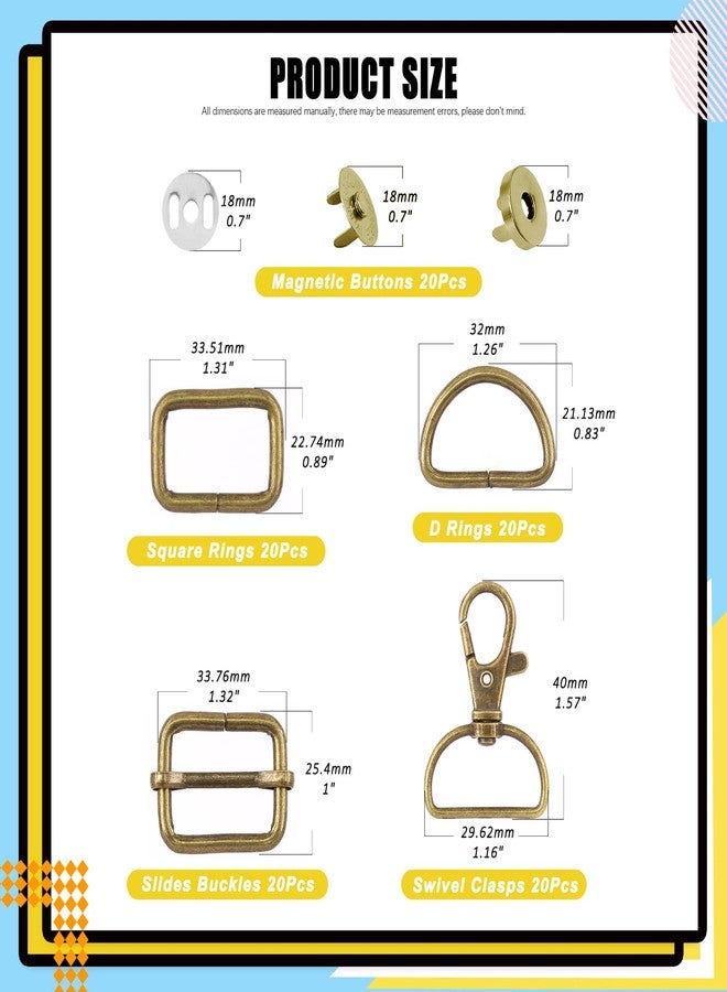 Mardatt 100 PCS Hardware Buckles Kit Including D-Ring,Triangle Slide Square Rings Magnetic Snap Swivel Clasp Hooks for Handbag, Strap, Purse (Bronze) - Image 2