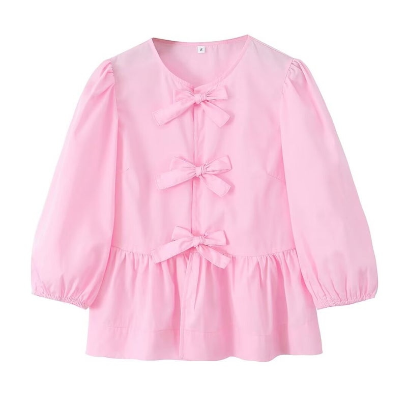 2024 cross-border Europe and the United States summer womens V-neck simple fresh loose versatile fashion long sleeve shirt women B15149 Pink - Image 1