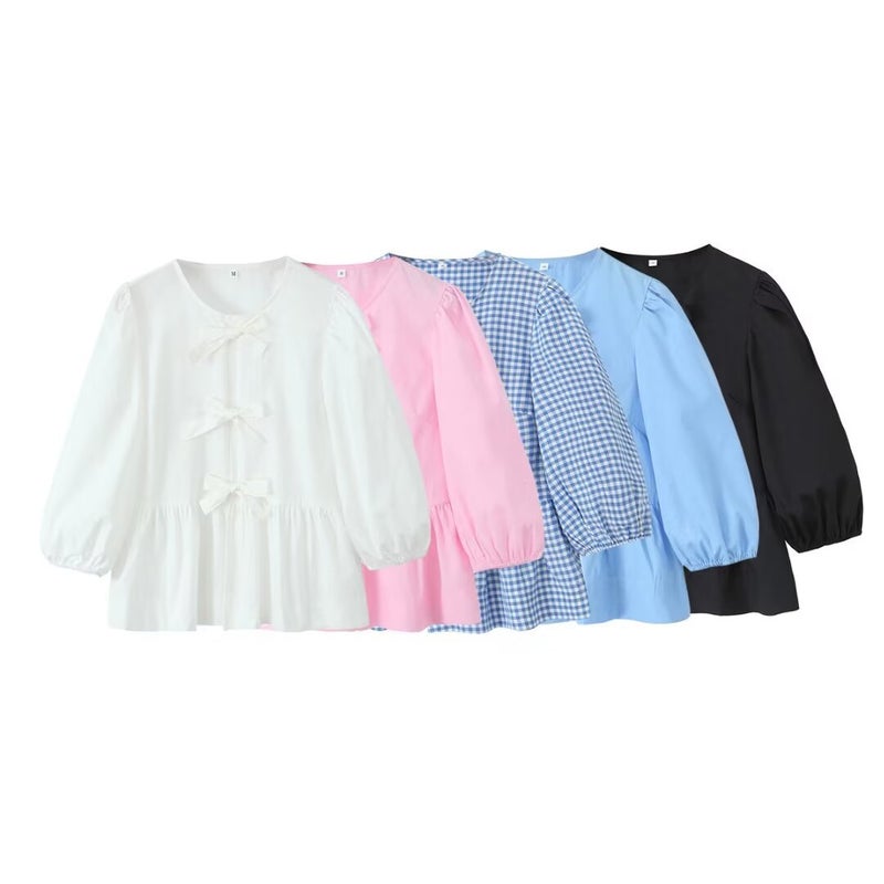 2024 cross-border Europe and the United States summer womens V-neck simple fresh loose versatile fashion long sleeve shirt women B15149 Pink - Image 3