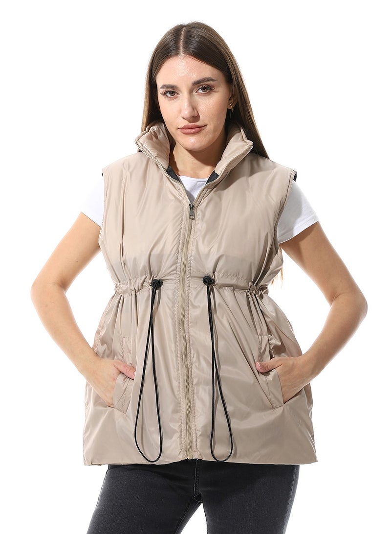 Andora Sleeveless Adjustable Waist Padded Vest_ Beige - Image 1