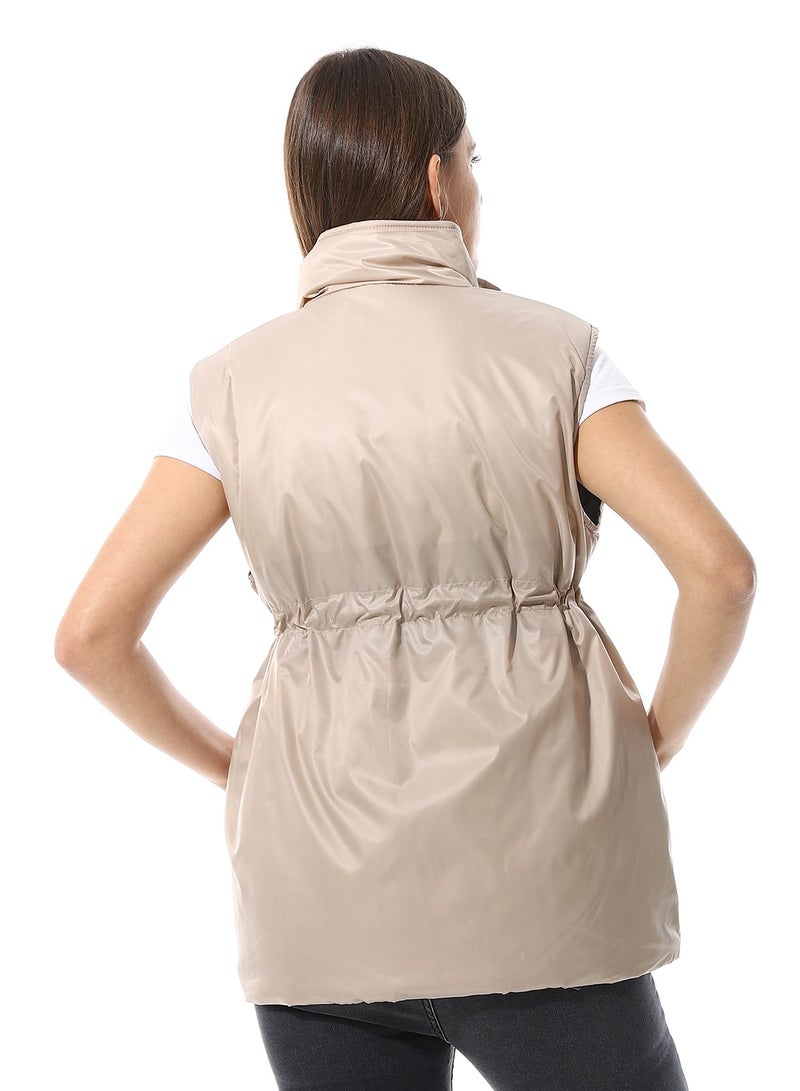 Andora Sleeveless Adjustable Waist Padded Vest_ Beige - Image 3