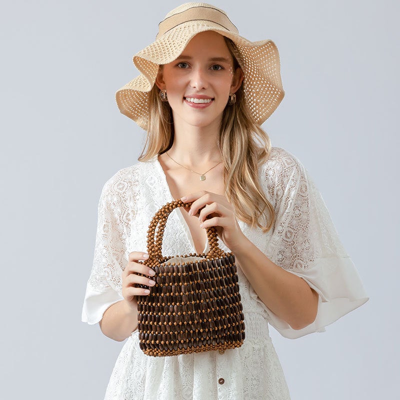 Enspt Handmade Wooden Bead Woven Bag Women'S Summer Niche Design Portable Commuter Small Square Bag - Image 2