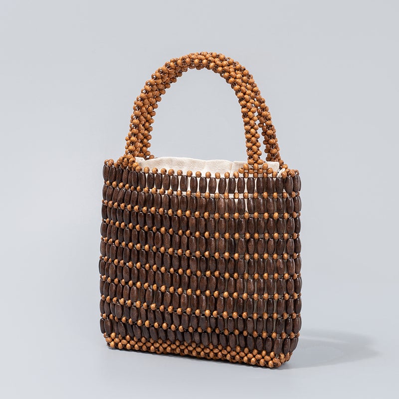 Enspt Handmade Wooden Bead Woven Bag Women'S Summer Niche Design Portable Commuter Small Square Bag - Image 1