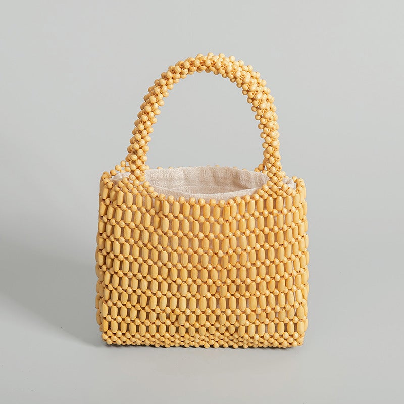 Enspt Handmade Wooden Bead Woven Bag Women'S Summer Niche Design Portable Commuter Small Square Bag - Image 4