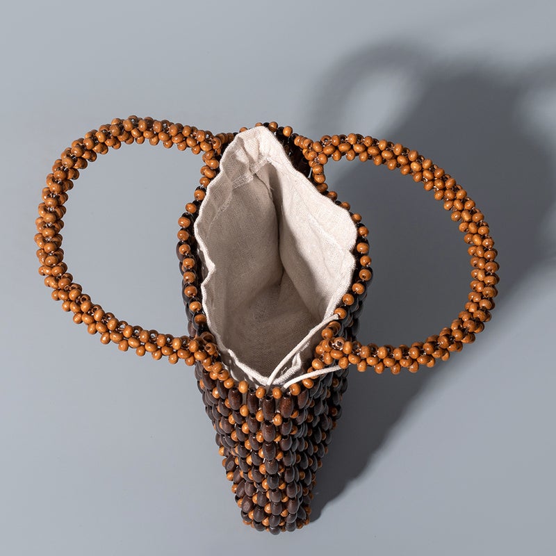 Enspt Handmade Wooden Bead Woven Bag Women'S Summer Niche Design Portable Commuter Small Square Bag - Image 5