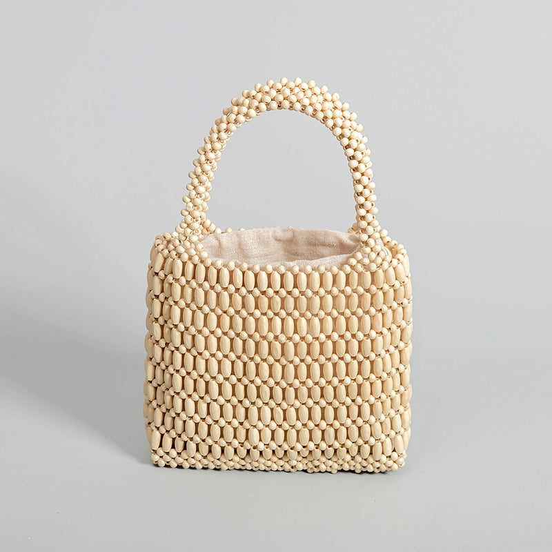 Enspt Handmade Wooden Bead Woven Bag Women'S Summer Niche Design Portable Commuter Small Square Bag - Image 3