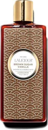LALICIOUS Brown Sugar Vanilla Shower Oil  Bubble Bath Moisturizing Body Wash with Topical Probiotics  Grapeseed Oil MultiUse Softening Cleanser for Shower Bath  Shaving 10 oz - Image 1