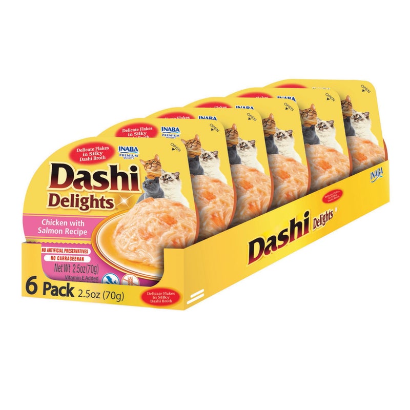 INABA Dashi Delights for Cats, Shredded Chicken Side Dish with Bonito Flake Broth, Cat Food Complement with Taurine & Green Tea Extract, 2.5 Ounce Cup, 6 Cups Total, Chicken with Salmon Recipe - Image 1