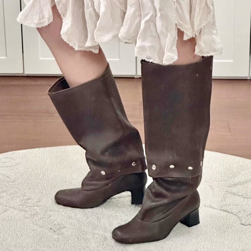 Two-Way Detachable Knee-High Boots 2025 Retro Chunky Heel Studded Slimming High Tube Slouch Boots - Image 4