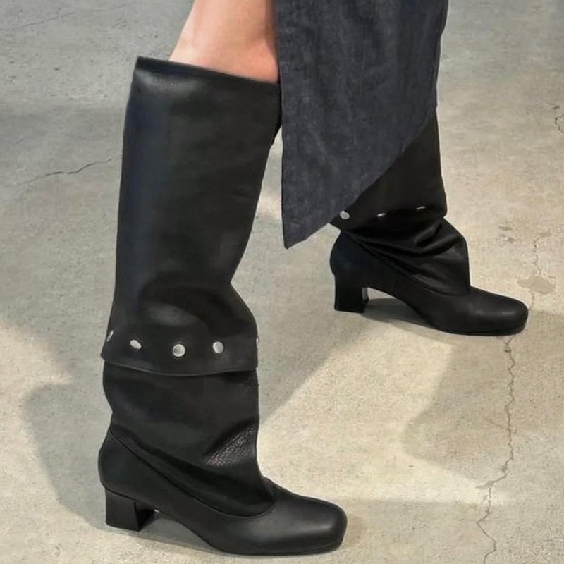 Two-Way Detachable Knee-High Boots 2025 Retro Chunky Heel Studded Slimming High Tube Slouch Boots - Image 2