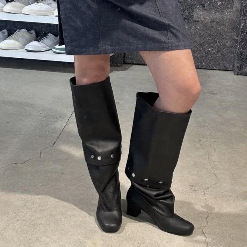 Two-Way Detachable Knee-High Boots 2025 Retro Chunky Heel Studded Slimming High Tube Slouch Boots - Image 3